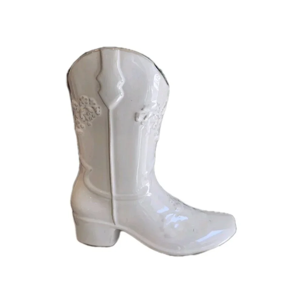 New ARTIFICIAL Eucalypytus Plant in White Ceramic Cowboy Cowgirl Boot Room Decor